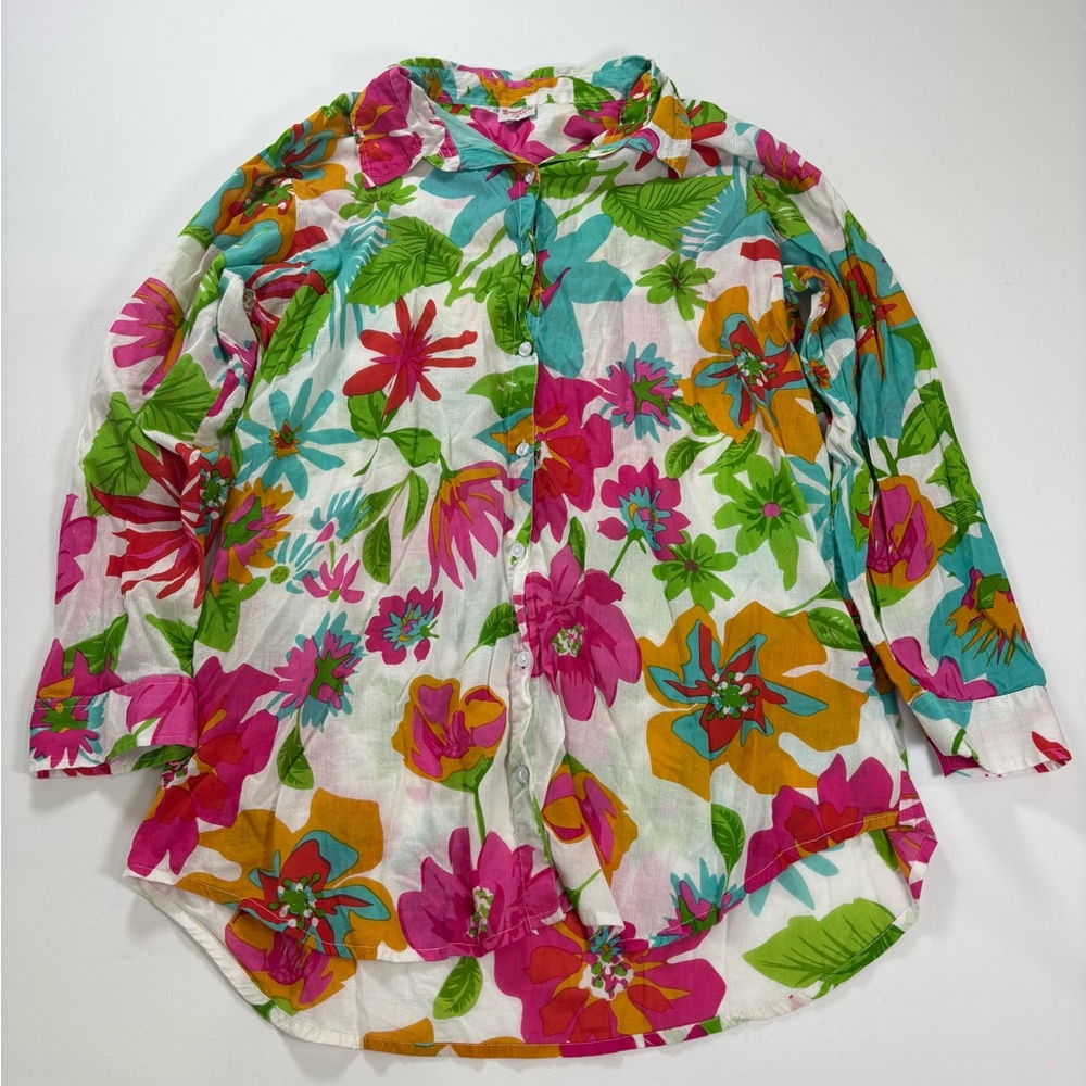 Shoreline White Button-Down Shirt with Pink, Green & Orange Floral Print